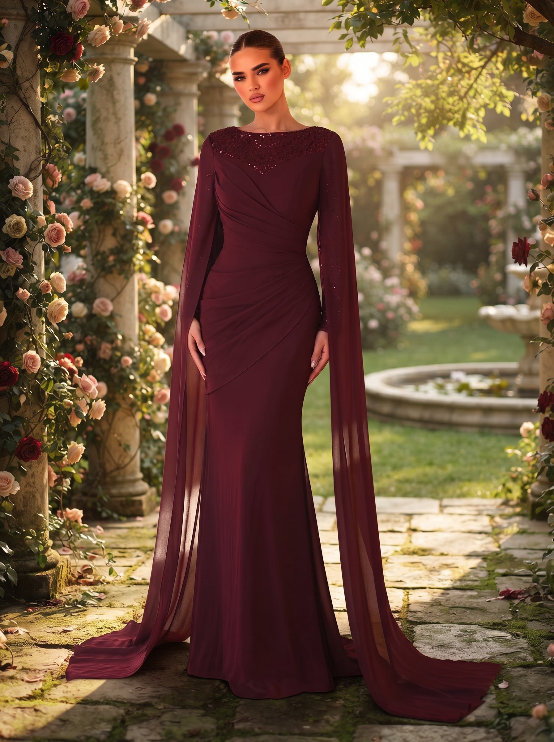 SDE3245 Elegant Red Sequin Chiffon Formal Gown