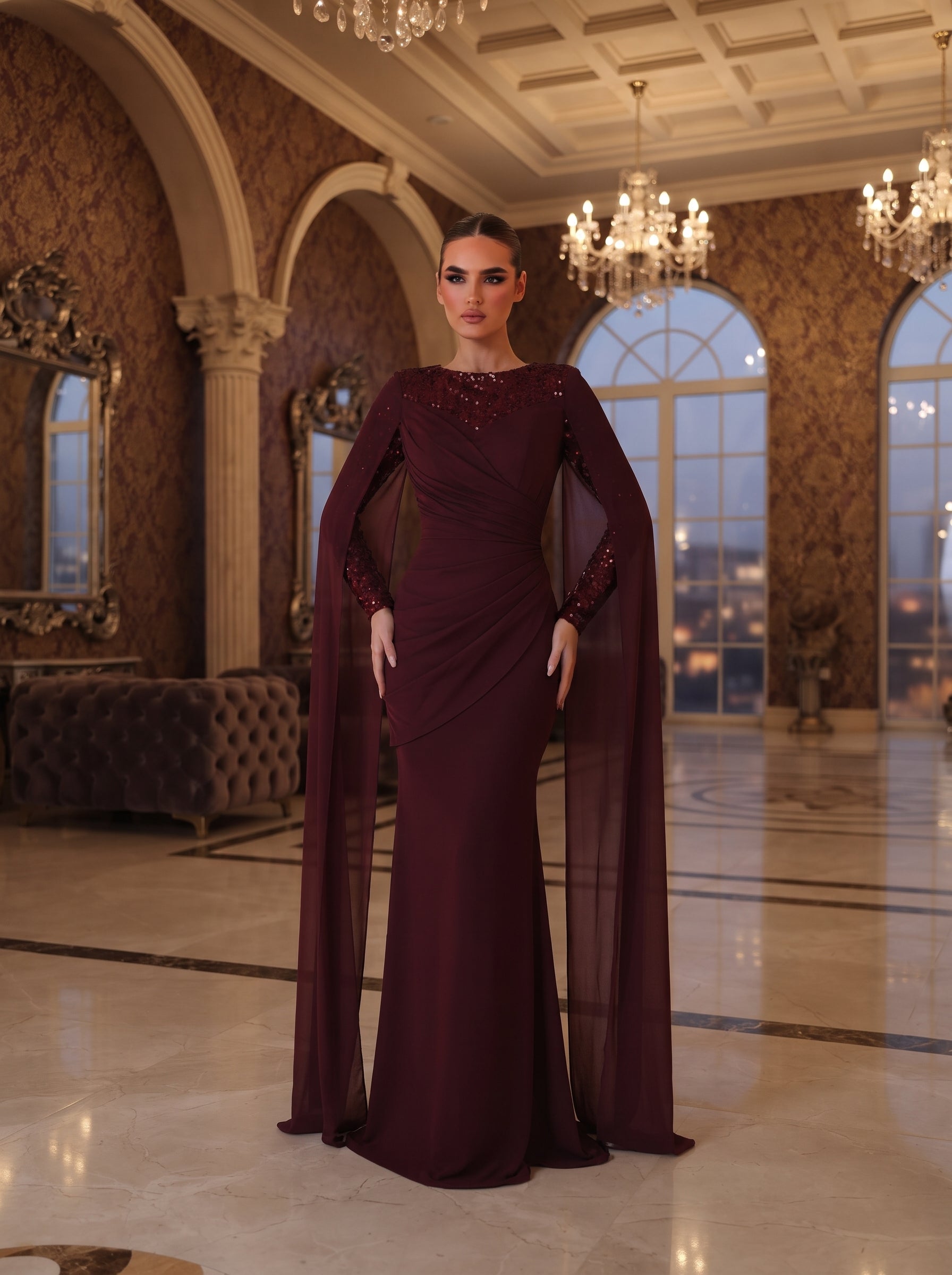 SDE3245 Elegant Red Sequin Chiffon Formal Gown