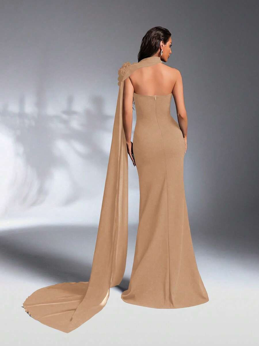 SD3188 Navy Blue Asymmetric Strapless Applique Gown