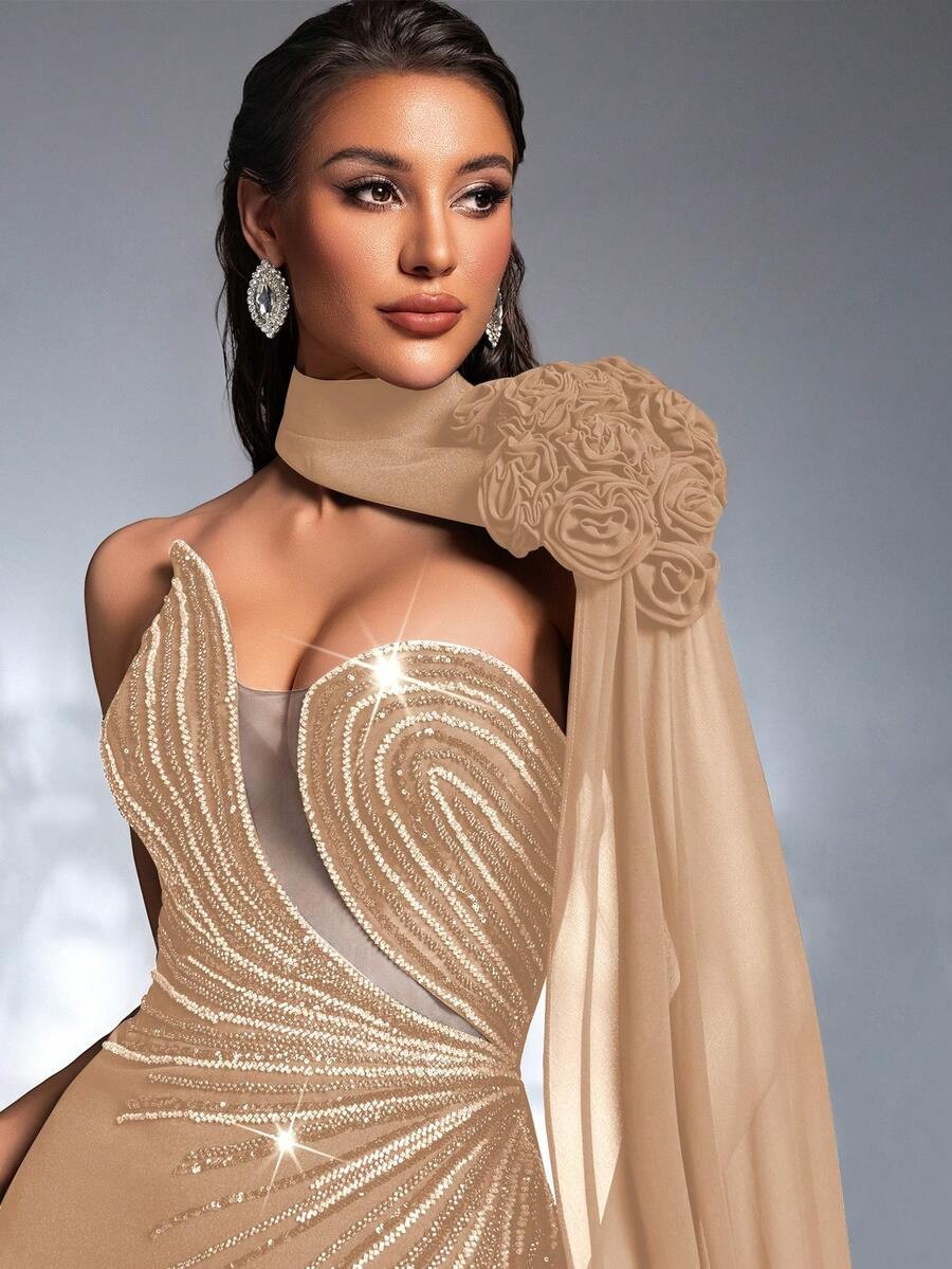 SD3188 Navy Blue Asymmetric Strapless Applique Gown