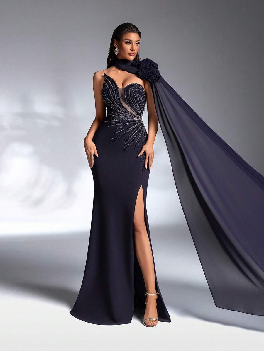 SD3188 Navy Blue Asymmetric Strapless Applique Gown