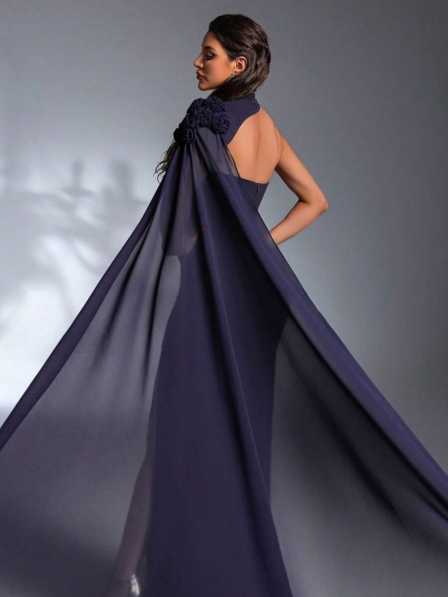 SD3188 Navy Blue Asymmetric Strapless Applique Gown