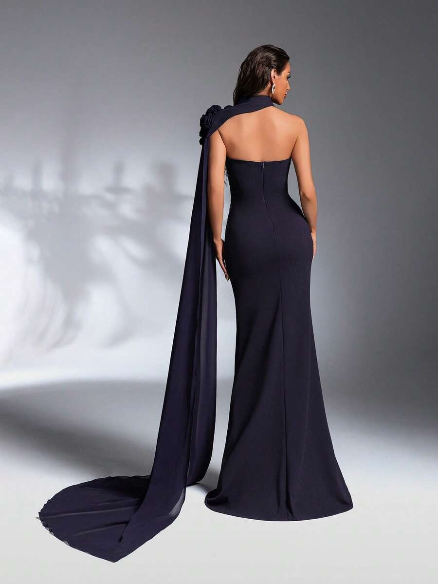 SD3188 Navy Blue Asymmetric Strapless Applique Gown