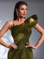 One‑Shoulder Olive Green Evening Gown with Sequined Detailing SD3164 - Image 2