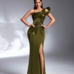 One‑Shoulder Olive Green Evening Gown with Sequined Detailing SD3164