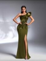 One‑Shoulder Olive Green Evening Gown with Sequined Detailing SD3164
