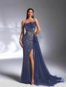 Elegant Strapless Navy Blue Evening Gown with Crystal Embellishment and Side Slit SD3165 - Image 4
