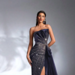 Elegant Strapless Navy Blue Evening Gown with Crystal Embellishment and Side Slit SD3165 - Image 3