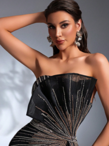 Elegant Strapless Navy Blue Evening Gown with Crystal Embellishment and Side Slit SD3165 - Image 5