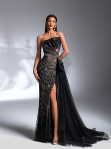 Elegant Strapless Navy Blue Evening Gown with Crystal Embellishment and Side Slit SD3165