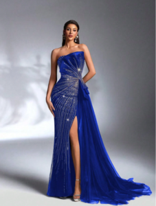 Elegant Strapless Navy Blue Evening Gown with Crystal Embellishment and Side Slit SD3165 - Image 8