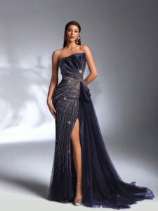 Elegant Strapless Navy Blue Evening Gown with Crystal Embellishment and Side Slit SD3165 - Image 10