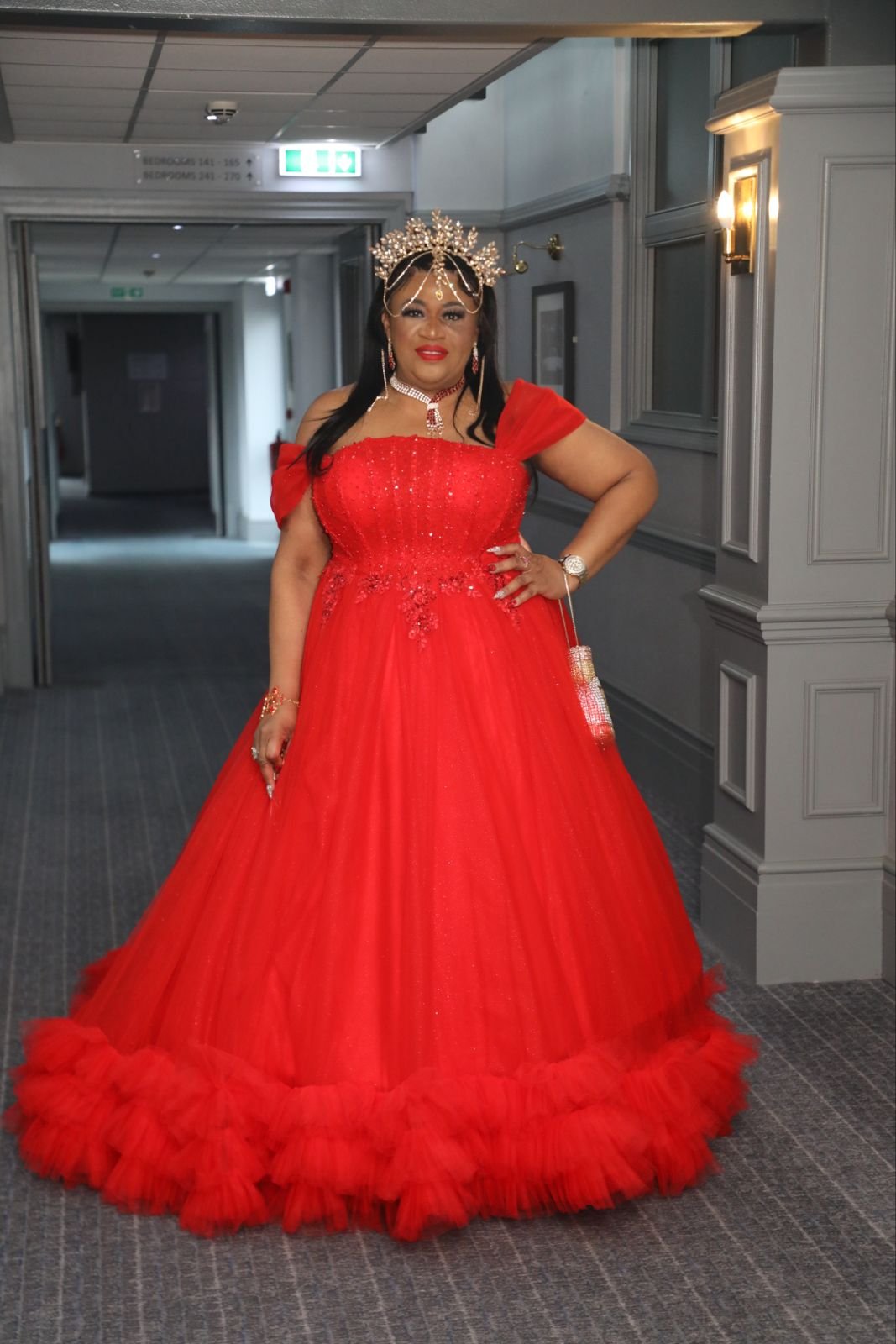 4e8b3b3a-3368-44a3-9f38-f26be74e2963 SD3167 Crimson Luxe Off-Shoulder Statement Gown - Image 1