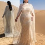 SD3232 Plus Size Mock Neck Beaded Cape-Sleeve Gown