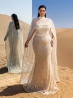 SD3232 Plus Size Mock Neck Beaded Cape-Sleeve Gown