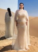 SD3258 Mock Neck Beaded Cape-Sleeve Fishtail Gown - Image 16