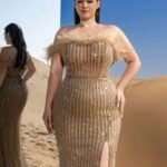 SD3251 Feather Detail Beaded Sequin Mermaid Gown