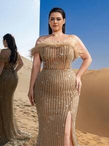 1732869161b60e186b6e98cfa4029048a4c0a01473_thumbnail_220x293 SD3251 Feather Detail Beaded Sequin Mermaid Gown - Image 1