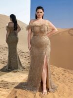 SD3251 Feather Detail Beaded Sequin Mermaid Gown - Image 2