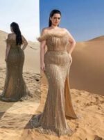 SD3251 Feather Detail Beaded Sequin Mermaid Gown - Image 6