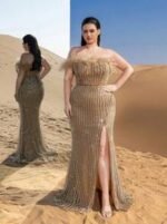 SD3251 Feather Detail Beaded Sequin Mermaid Gown - Image 5