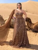 SD3236 One-Shoulder Cape Sleeve Sequin Gown - Image 6
