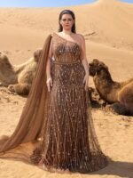 SD3236 One-Shoulder Cape Sleeve Sequin Gown