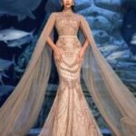 SD3213 High Neck Beaded Gown with Cape Sleeves