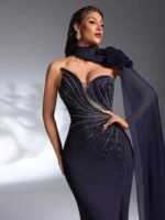 SD3188 Navy Blue Asymmetric Strapless Applique Gown - Image 5