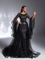 SD3196 Black Beaded Flare-Sleeve Trailing Gown - Image 5