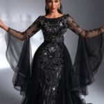 SD3196 Black Beaded Flare-Sleeve Trailing Gown