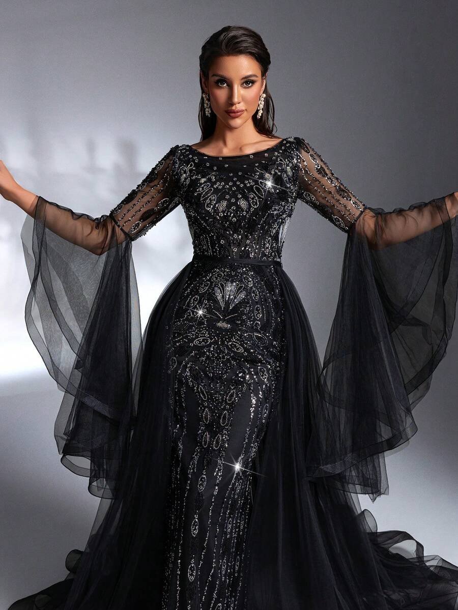 17426290228435866cc4a8a9c2ca6bcbfa88869b8e_thumbnail_900x SD3196 Black Beaded Flare-Sleeve Trailing Gown - Image 1