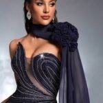 SD3188 Navy Blue Asymmetric Strapless Applique Gown