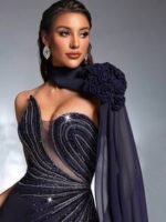 SD3188 Navy Blue Asymmetric Strapless Applique Gown