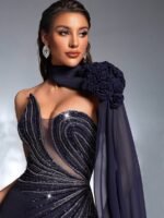 SD3188 Navy Blue Asymmetric Strapless Applique Gown - Image 9