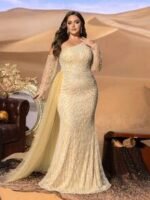 SD3255 One-Shoulder Striped Sequin Mermaid Gown - Image 3