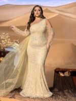 SD3255 One-Shoulder Striped Sequin Mermaid Gown - Image 4