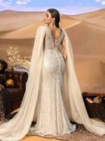 SD3257 Round Neck Beaded Gown with Ultra-Long Cape Sleeves - Image 8