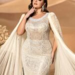 SD3257 Round Neck Beaded Gown with Ultra-Long Cape Sleeves