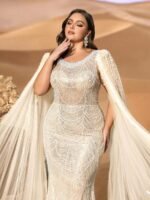 SD3257 Round Neck Beaded Gown with Ultra-Long Cape Sleeves