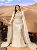 SD3257 Round Neck Beaded Gown with Ultra-Long Cape Sleeves - Image 7
