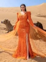 SD3253 V-Neck Long-Sleeve Gown with Flowing Side Panels - Image 5