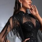 SD3197 Black Sequin Beaded Lace Splice Gown