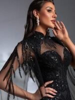 SD3197 Black Sequin Beaded Lace Splice Gown