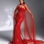 SD3201 Red V-Neck Sequin Gown & Sheer Shawl