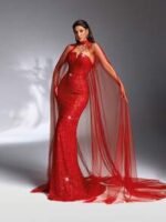 SD3201 Red V-Neck Sequin Gown & Sheer Shawl