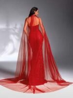 SD3201 Red V-Neck Sequin Gown & Sheer Shawl - Image 4