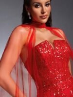 SD3201 Red V-Neck Sequin Gown & Sheer Shawl - Image 7