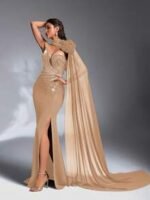 SD3188 Navy Blue Asymmetric Strapless Applique Gown - Image 11