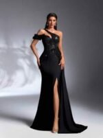 SD3171 Black Asymmetrical 3D Floral Maxi Dress - Image 5